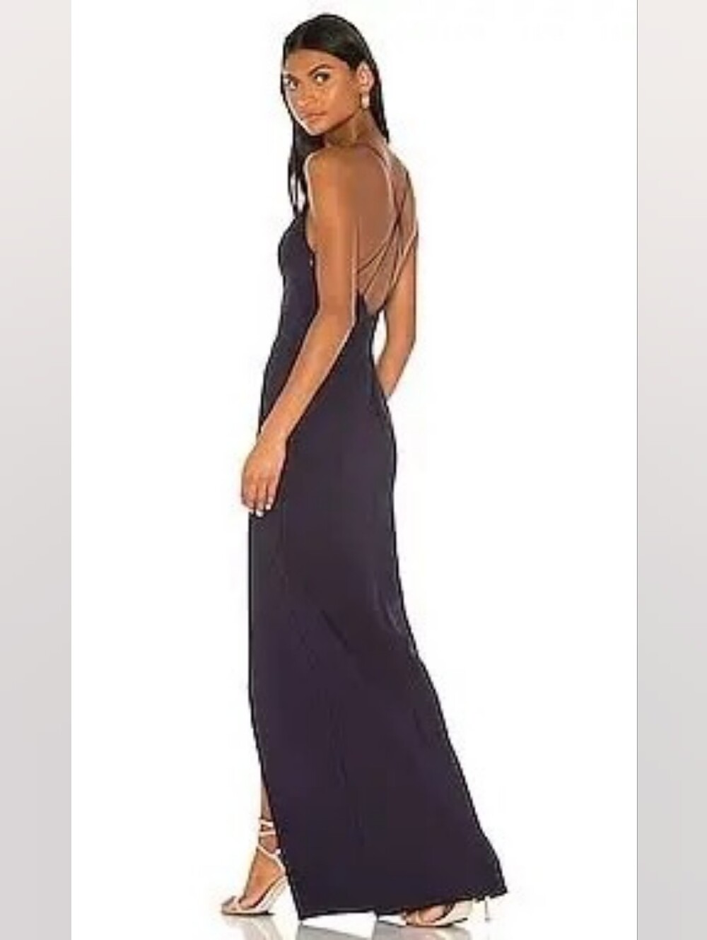 LIKELY Estella Maxi Dress Gown Navy Thin Criss Cross Strap Front Slit Size 6